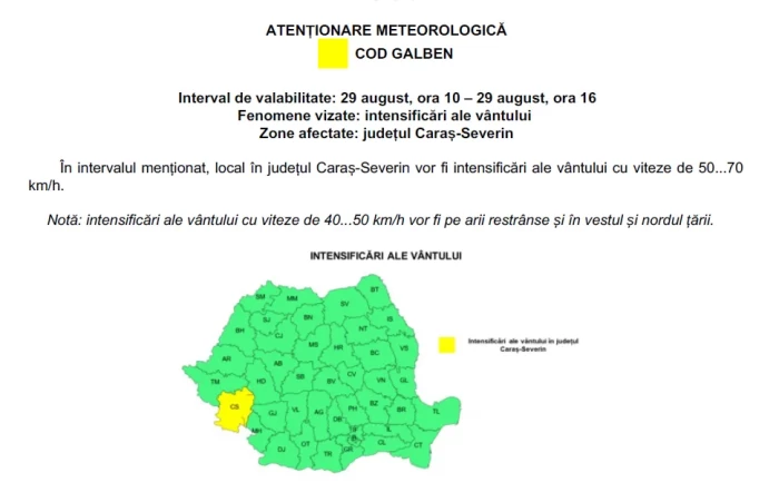 Alertă meteo de ploi și caniculă Foto: Administrația Națională de Meteorologie 