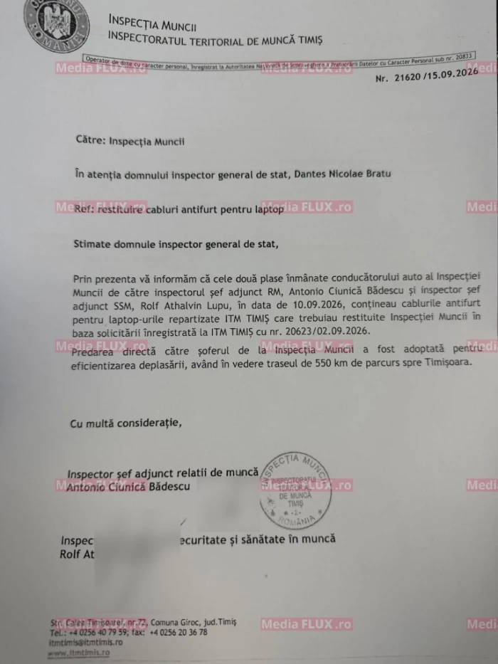 Documentul ITM Timiș prin care îl anunța pe șeful Inspecției Muncii că în plasele respective sunt cabluri de laptopuri