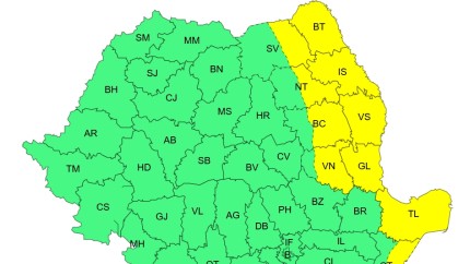 Cod galben de intensificări ale vântului Ploi moderate cantitativ și predominant ninsori la munte Hartă