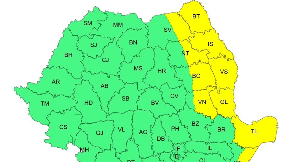Cod galben de intensificări ale vântului Ploi moderate cantitativ și predominant ninsori la munte Hartă