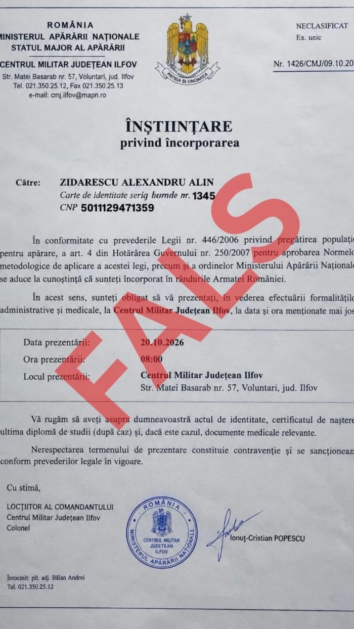 Ordin fals încorporare în armată