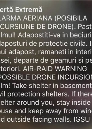 Alertă aeriană în zona de nord-est a judeţului Tulcea Mesajul Ro-Alert pentru populaţie. Ministerul Apărării Nu au fost raportate pătrunderi în spaţiul aerian naţional