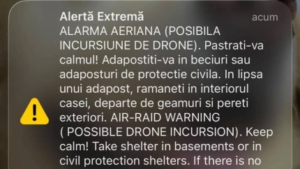 Alertă aeriană în zona de nord-est a judeţului Tulcea Mesajul Ro-Alert pentru populaţie. Ministerul Apărării Nu au fost raportate pătrunderi în spaţiul aerian naţional