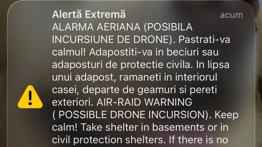 Alertă aeriană în zona de nord-est a judeţului Tulcea Mesajul Ro-Alert pentru populaţie. Ministerul Apărării Nu au fost raportate pătrunderi în spaţiul aerian naţional